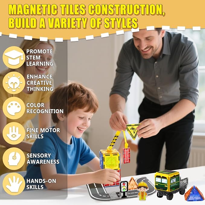 Magnetic Tiles Magnetic Construction Set with 2 Dolls, Cars, Train, Train Tracks, Building Sensory Toys for 3+ Year Old Boys & Girls Creative Kids Games Birthday Xmas Gifts