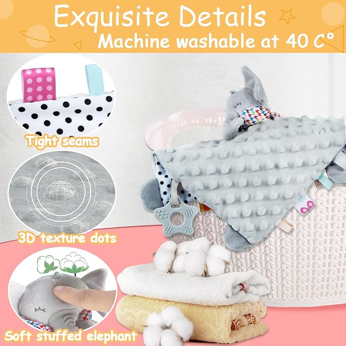 Elephant Security Blanket with Tags Teether Animal Taggie Soft Baby Blankets for Boys and Girls Baby Stuff for Newborn Toys Snuggle Baby Lovey Dotted Blanket Animal Soothing Crib Toy