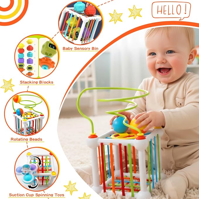 Montessori Toys for Toddlers 18 Months+, 16PCS Baby Activity Cube with Shape Sorter, 3 Suction Cup Spinner Toys, 2 Bead Mazes, Ball Rolling Track, Developmental Learning Gifts for Boys Girls