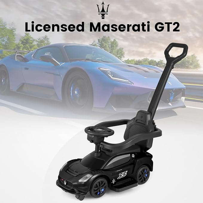 OLAKIDS Push Car for Toddlers, Licensed Maserati 3 in 1 Baby Ride on Sliding with Parent Control Handle, Universal Wheels Safe Guardrails Under Seat Storage, Kids Walking Toy with Music Horn (Black)