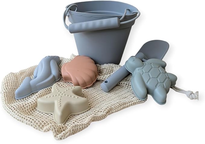 Silicone Beach Toy Set, 7 Pieces with Bucket, Shovel, Molds, Net Bag