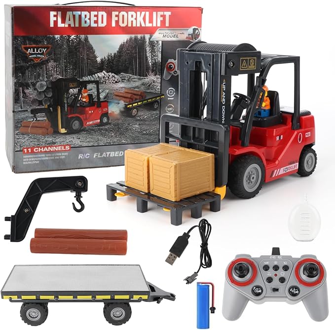 RC Forklift with Trailer, 2 in 1 Transform Lift Fork & Hook, Kids Forklift Toy with Light & Sound & Spray, 11 Channel Remote Control Forklift, Construction Vehicles Toy Gift for Kids 6+ (Red)
