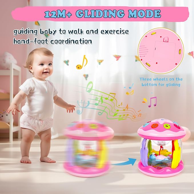 M SANMERSEN Baby Girl Toys 12 Months - Babies Ocean Rotating Projector Light Up Musical Toys for 12-18 Months Crawling Learning Tummy Time 1 2 Years Old Infant Boys Girls Pink