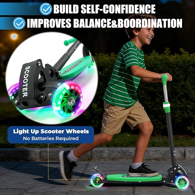 3 Wheel Scooter for Kids Ages 3-12, LED Light-Up Kids Kick Scooter–Portable Foldable, Adjustable Height, Durable Metal Construction, 6" Extra Wide Deck for Outdoor Activities,Child Safety Certified