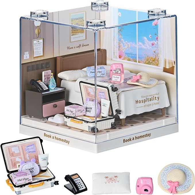 Miniature Cozy Bedroom DIY Kit with Acrylic Display Case – Homestay Dollhouse Room Craft Set, Tool-Free Mini House for Teens, Adults & Beginners