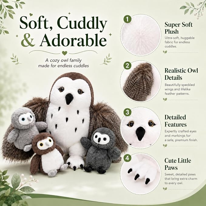 4Pcs Owl Plush Set, 18 Inch Mother Stuffed Animal with 3 Baby Owls Inside, Soft Brown Plushie Gift for Kids, Girls and Boys, Christmas Birthday Baby Shower, Brown