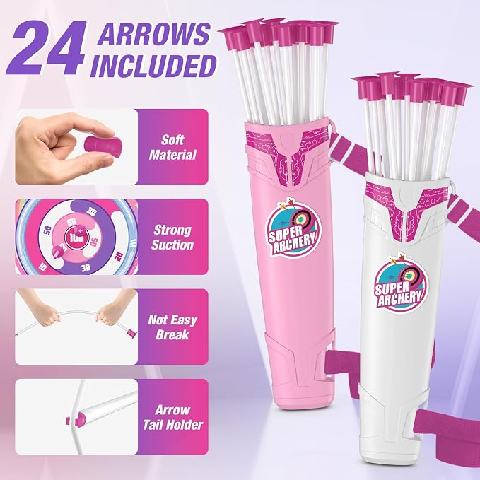 HYES 2 Pack Bow and Arrow for Kids 4-6, LED Light Up Archery Set with 24 Suction Cup Arrows, 1 Unicorn Standing Target, 6 Score Targets & 2 Quiver, Indoor Outdoor Sport for Girls Ages 8-12
