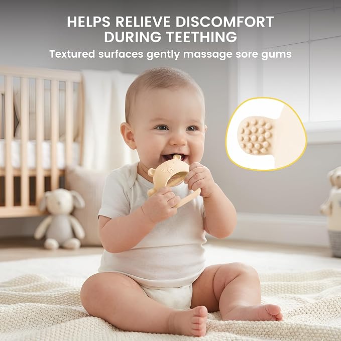 Lulyboo Silicone Teething Baby Bear, Soft and Durable Easy Grip Teether, Self Soothing Pain Relief for Teething, 0-12 Months (Ivory)