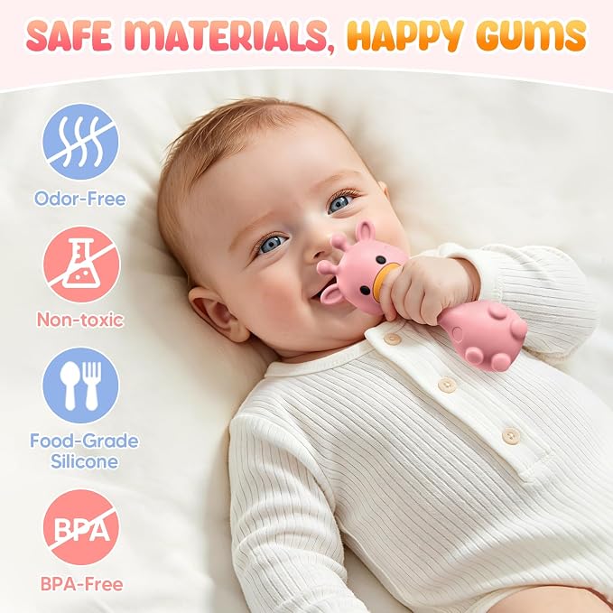 Baby Rattles Teething Toys 3-6 6-12 Month, Multi-Functional BPA-Free Silicone Teether Toys for Teething Relief & Sensory Rattle Play, Perfect Infant Newborn Toys & Baby Gifts (Rose Pink)