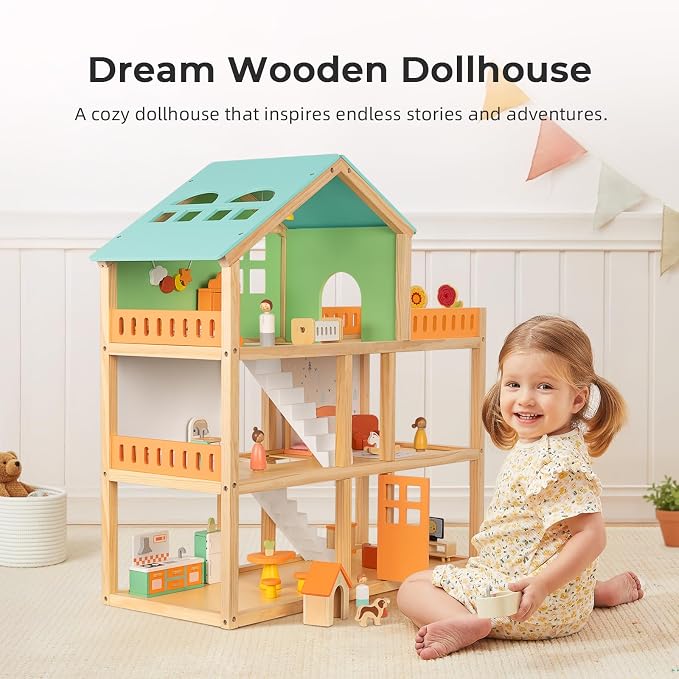 OOOK Large Wooden Dollhouse with 42 Pcs Luxurious Furniture Accessories, 3-Story Doll House 6 Rooms Balcony Wooden Stairs, Ideal Modern Doll House for 3 Year Old