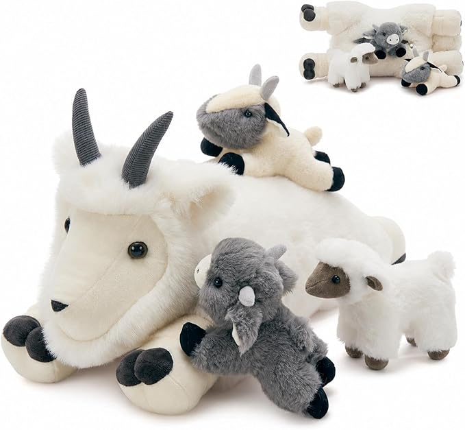 4Pcs Giant Goat Plush Toy, 17.7" Soft Mother Goat Stuffed Animal with 3 Cute Baby Goat Plushies, White Goat Body Pillow for Kids, Cuddly Stuffed Farm Aniaml Toy Gift for Christmas Birthday