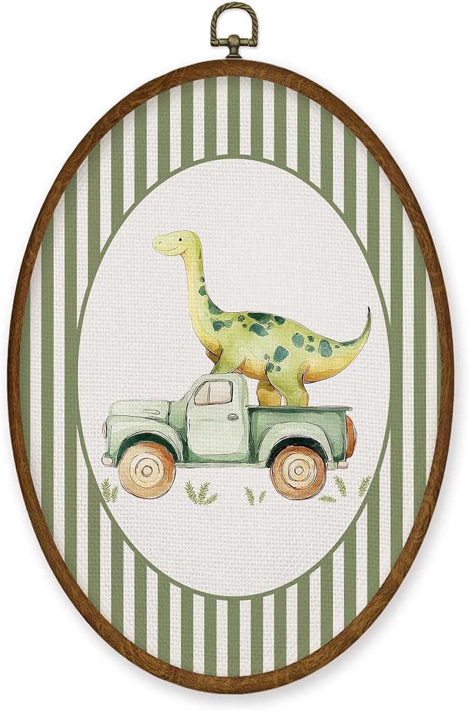 WULQYING Boy Nursery Dinosaur Truck Wall Art Decor, Kids Playroom Oval Framed Canvas Art Prints, Green Striped Dino Truck Wall Hanging Decor for Kids Toddler Boy Room Bedroom Playroom, 8.6x11.4 Inches