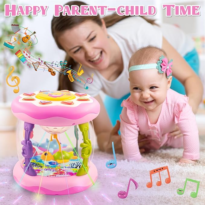 Baby Girl Toys for 6-12 Months Ocean Rotating Light Up Musical Toys Tummy Time Infant Toys 3-6 12-18 Months Baby Girl Toys 1 2 Year Old(Pink)