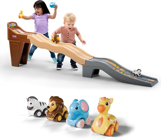 Simplay3 Safari Adventure Race Track, Dual Lane Toddler Racetrack, Car Ramp Toy for Indoor or Outdoor Play, 4 Toy Animal Cars Included, Made in USA