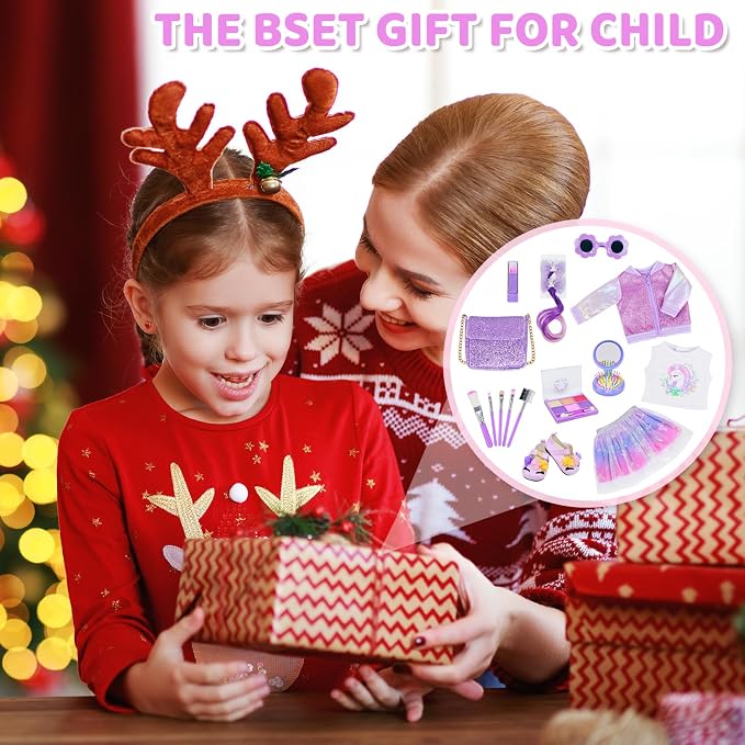 American 18 Inch Doll Clothes & Makeup Accessories Gift Set Includes Dress, Makeup Brush, Shoes, Bag, Haircomb, Eyeshadow, Lipstick, Wig, Hairpin, Sunglasses (Doll Not Included)