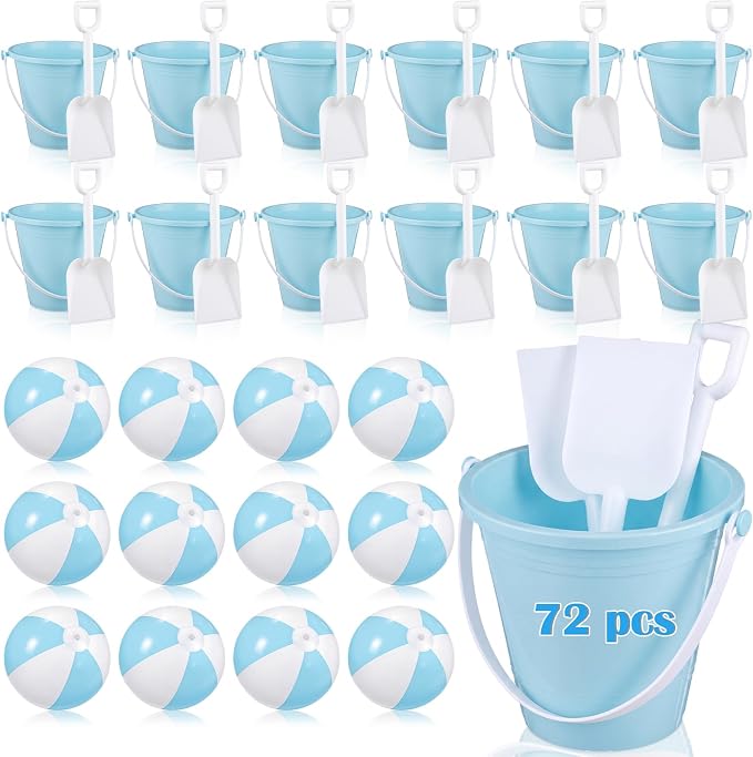 Lunmon 72 Pcs Beach Toys for Kids 24 Set Sand Buckets Shovels Bulk Pastel Beach Balls Inflatable Sand Toys for Girls Boys Toddlers Games Birthday Summer Pool Party Favor (Blue White, Castle)