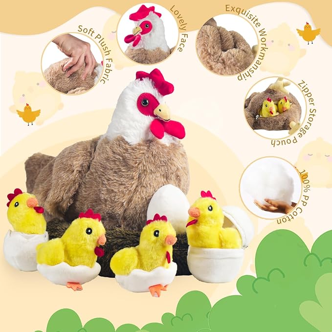 9 in 1 Chicken Stuffed Animal, Stuffed Chicken Toys for Kids Zippered Egg Laying Hen Chicken Plush with Baby Chicks, Eggs and Coop for Christmas Birthday Gifts Farm Party Decors