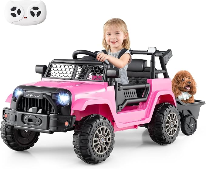 Costzon Ride on Car with Detachable Trailer, 12V Battery Powered Ride on Truck with Parent Remote Control, Light & Music, Electric Vehicle Kids Car Toy for Boys & Girls (Pink)
