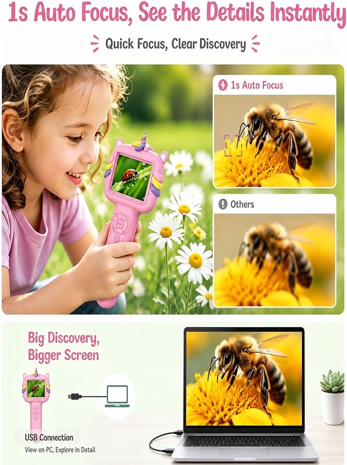 Microscope Camera for Kids Gifts Toys- Handheld Pocket Microscopes with 2.4" Screen and Autofocus - Mini Digital Educational Science Kit for Christmas Birthday for Age 3-5 5-7 8-12 Girls Boys(Pink)