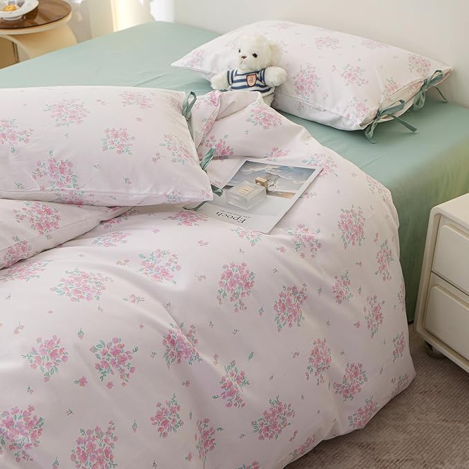 LifeTB Aesthetic Floral Comforter Set Queen, 3 Pieces Pink White Cottagecore Comforter Floral Bedding Set, Lightweight Vintage Botanical Flowers Comforter with 2 Bow Ties Pillowcases for Girls Women