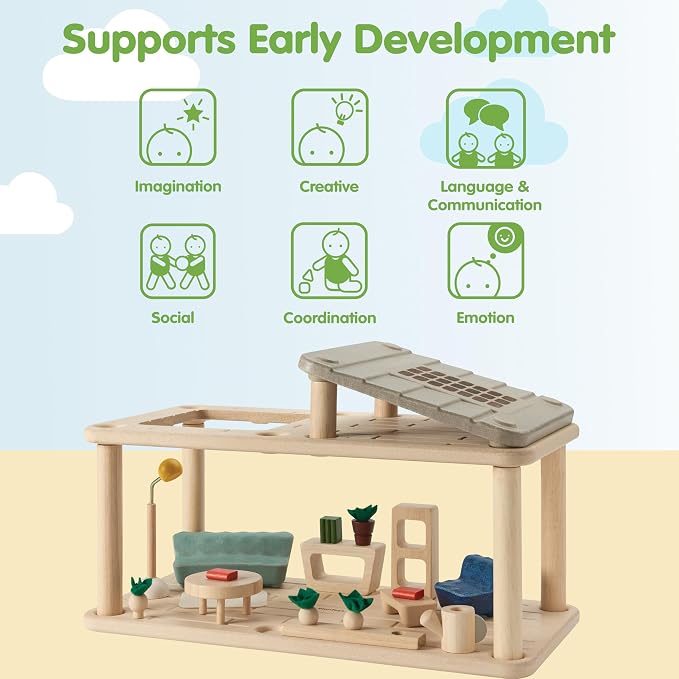 PlanToys® Wooden Dollhouse Gathering Room with Sunroom | Living Room Furniture Set with Sofa, Garden, Lamp & Accessories | Open Ended Role Play Space for Dollhouse Expansion