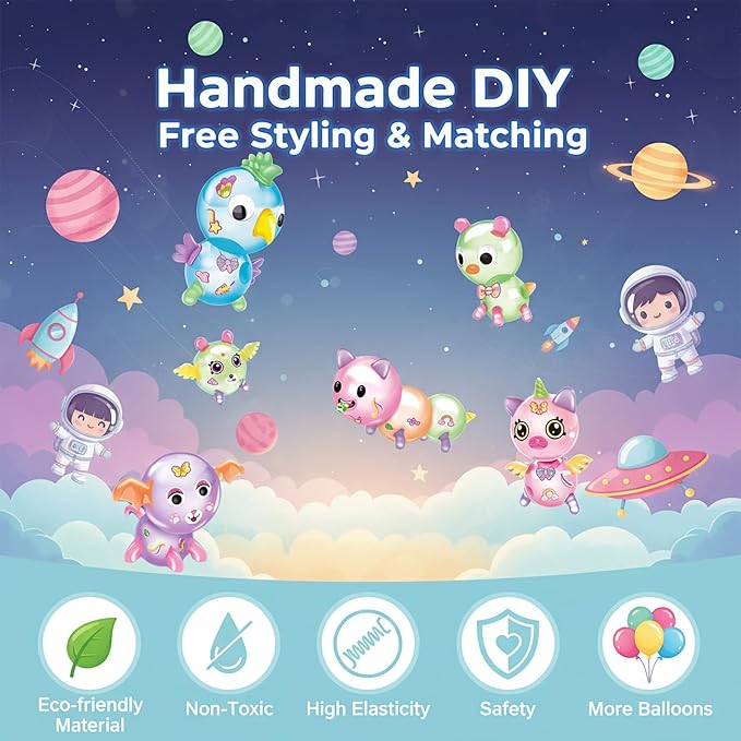 219pcs Space Magic DIY Balloon Kit with Pump, Sticky Balloon Maker Craft, Includes Bouncy Balloons, Stickers & Accessories, DIY Creative Activity Gift for Girls Boys Ages 3+