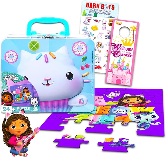 DreamWorks Gabby’s Dollhouse Lunch Box - Bundle with Tin Lunch Box, 24 Piece Puzzle, Stickers, More | Gabby’s Dollhouse School Supplies for Kids