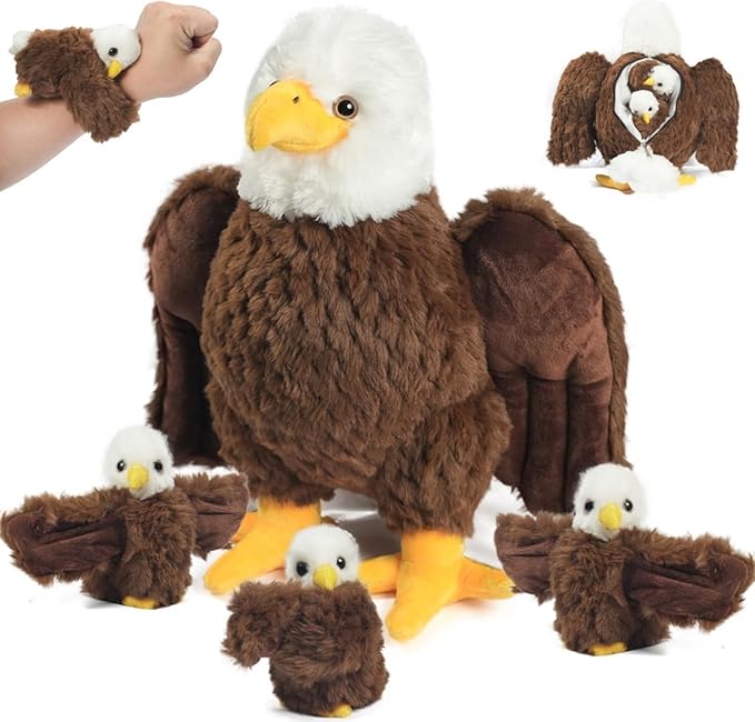 4 Pcs Bald Eagle Stuffed Animal Set 14 Inch Mommy Stuffed Eagle Plush Toy with 3 Babies, Zipper Bald Eagle Toy with Baby Eagles Plushies for Kids Boys Girls Birthday Christmas Birders Zoo Plush Gifts