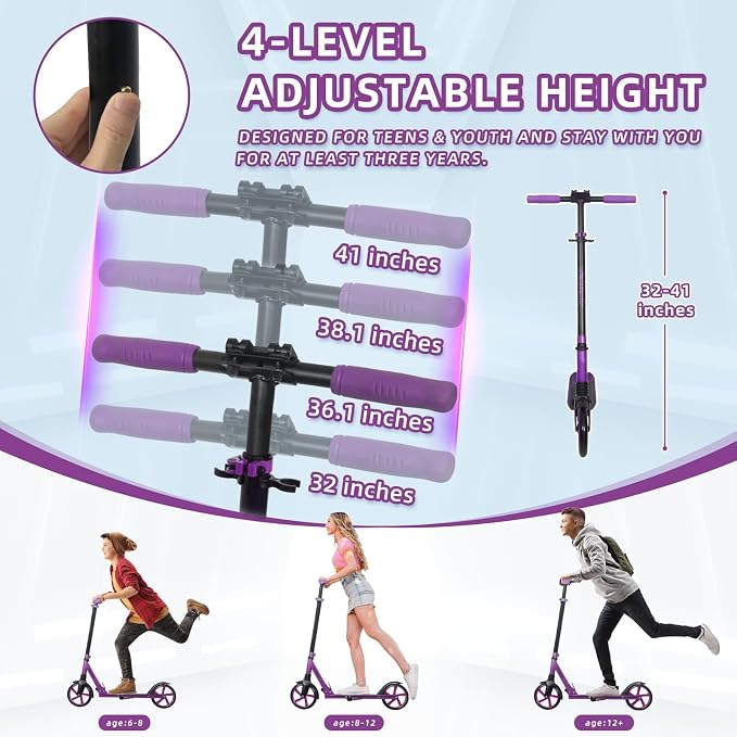 Nattork Kick Scooter for Kids 6+ Years Teens Adults - 220LB Weight Capacity, Front Shock Absorber and Adjustable Handlebar - Smooth Ride with 8" Sturdy Wheels, Ideal for Outdoor Sports