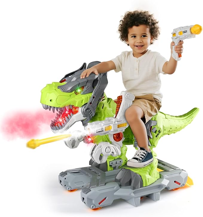 Baby Ride On Toy Cars, Toddler Electric Dinosaur Push Riding Car with Light Music, Smoke & Launcher Toy, Preschool Kids Scooter Foot-to-Floor Ride On Toy, Christmas Birthday Gifts for Kids