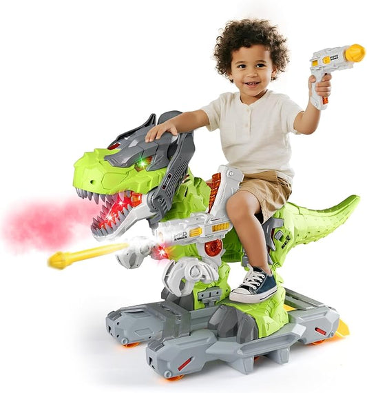 Baby Ride On Toy Cars, Toddler Electric Dinosaur Push Riding Car with Light Music, Smoke & Launcher Toy, Preschool Kids Scooter Foot-to-Floor Ride On Toy, Christmas Birthday Gifts for Kids