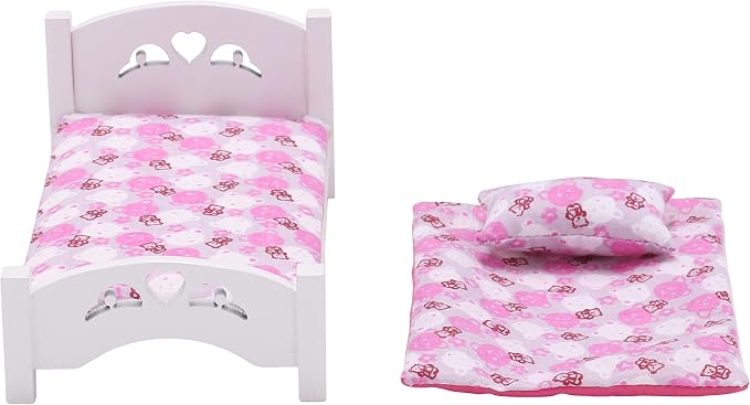 Dollhouse White Wooden Mini Bed with Pink Bedding, 1:12 Scale Realistic Bedroom Furniture for 6 Inch Dolls