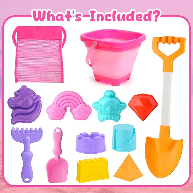 AuntyFey Collapsible Beach Toys for Kids Ages 4-8, Sand Toys for Toddlers Ages 3-4-8, Beach Toy Set with Collapsible Beach Buckets, Sandbox Toy for Kids