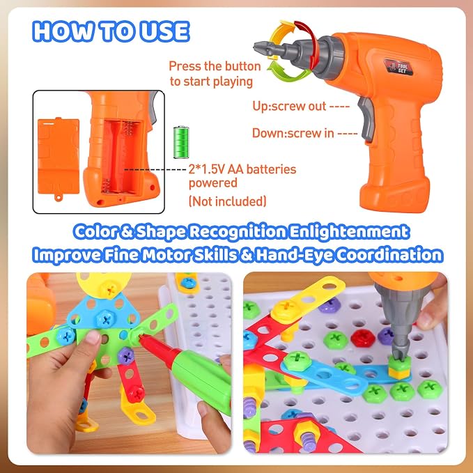 Creative Mosaic Tool Kit with Electric Drill, STEM Building Blocks for Kids, 223PCS Toy Construction Tools, Montessori Educational Construction Toys, Birthday Gift for Boys Girls Ages 3 4 5 6 7 8 9 10