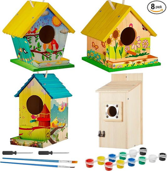 Liliful 8 Pack Birdhouse Crafts for Kids, Wooden Creative DIY Bird House Kits Arts and Crafts Set for Kids and Adults, Spring Birthday Gifts for Toddlers Ages (Playful Style)