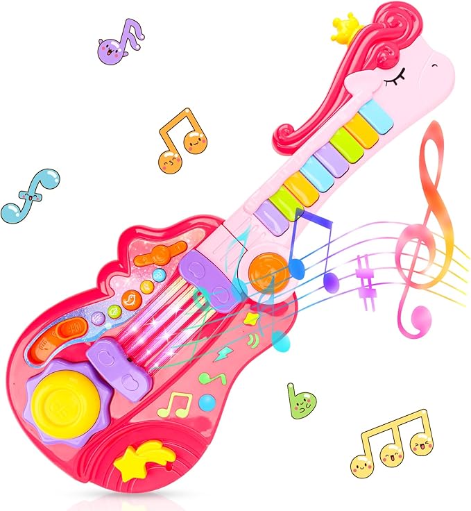 Kids Guitar Toy for 3 Year Old Girl Gift 2-in-1 Electric Guitars with Piano Mode for Toddlers Light Up Music Toys for 3 4 5 Year Old Girls Boys Gifts