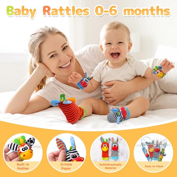 Baby Toys 0-6 Months, Infant Rattle Socks, Wrist Hand & Foot Finder Socks Set,Soft Newborn Sensory Toys,Infant rattles for Babies 0 3 6 Months,Girl Boy Shower Gifts 6-12 Months
