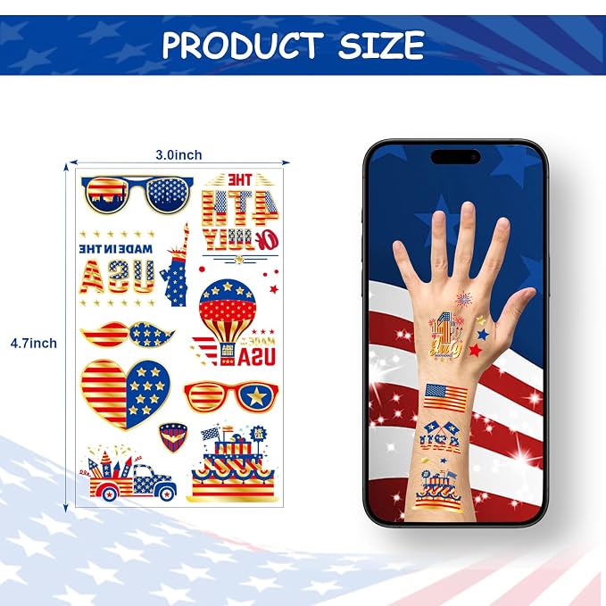 JCFIRE 4th of July Decorations, Temporary Tattoos for Kids Adults, Patriotic Decorations, Fourth of July Accessories, Red White And Blue Party Supplies for Independence Day