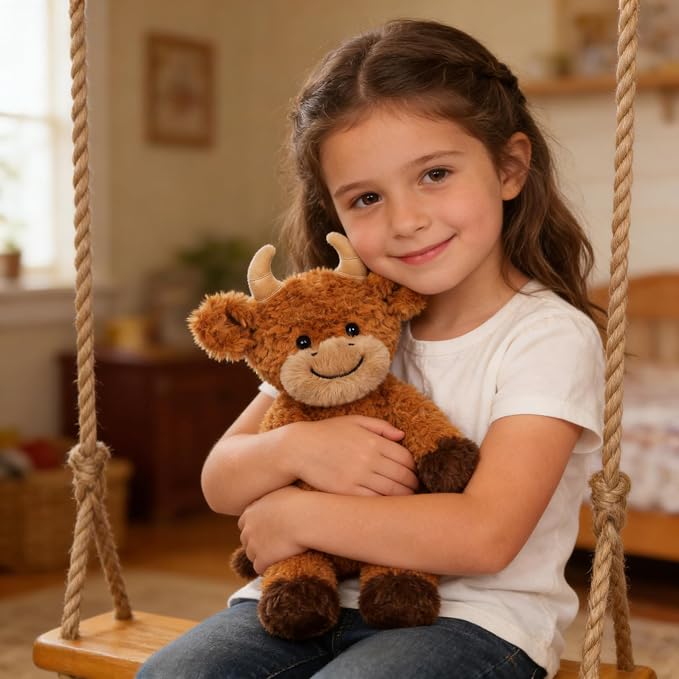 Hopearl Adorable Plush Highland Cow Toy Floppy Soft Kawaii Stuffed Animal Cute Birthday Holiday Gift for Boys Girls Kids Toddlers, Brown, 10''
