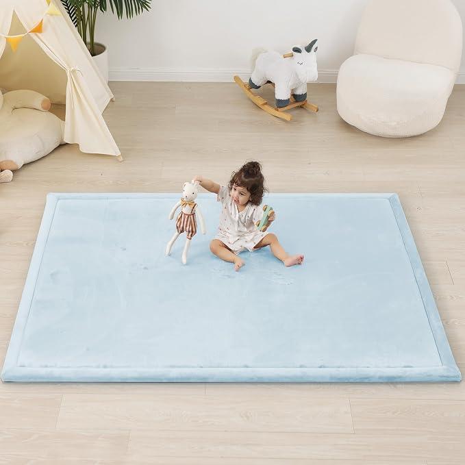 1.5" Thick Padded Baby Play Mat for Floor Tummy Time, Pro Soft Foam Activity Playroom Playmats, Easy Care with Non-Slip Safe for Infant Toddler Kids Crawling 39"x 59" (Blue)