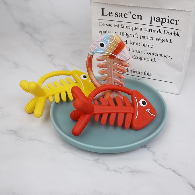 3 in 1 Infant Toys, Baby Teething Toys 3–6 6–12 Months, Teethers for Babies 0–3–6–12 Months for Teething Relief, Baby Gift, Baby Teether Toys, Silicone Sensory Toys, USA Patent Pending, Fish (Coral)