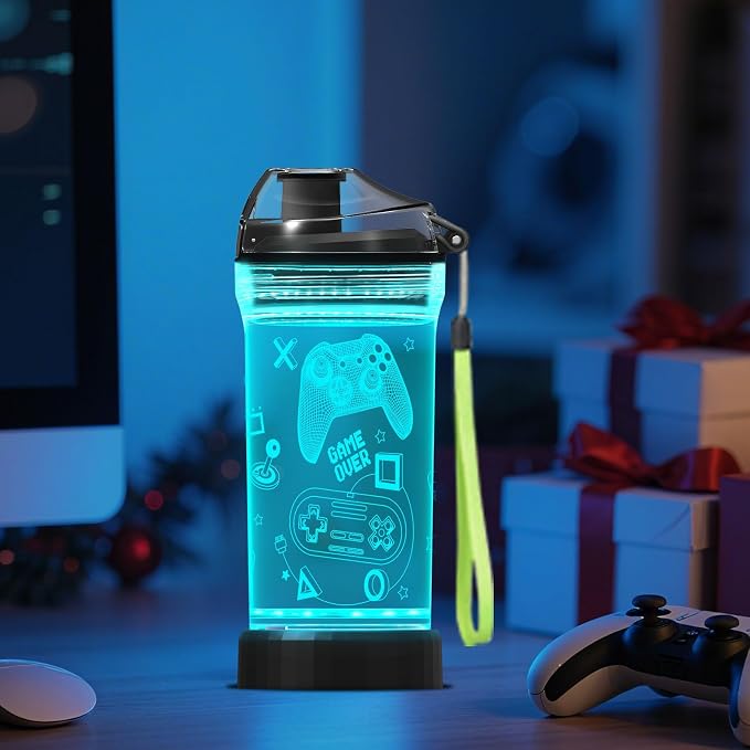 Lightzz Gamer Water Bottle, Fortnite Stuff Toy with 3D Glowing Light, Fortnite Gifts Back to School for Boys Gamers, Minecraft Cup for Holiday Camping Picnic, 14 Oz And Tritan BPA Free