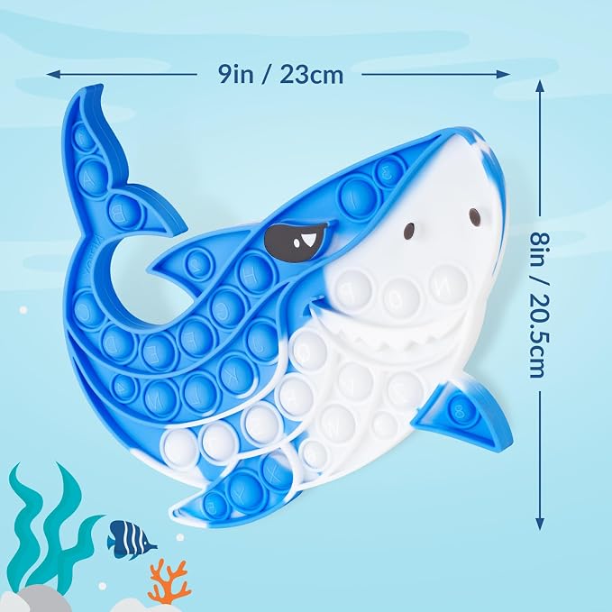 Shark Pop Fidget Toy for Kids & Adults, 8.74"x7.87" Large Silicone Sensory Bubble Toy for Stress Relief & Focus, Tie-Dye Blue Push Popper for ADHD Autism Anxiety, Reusable & Washable Press Toy