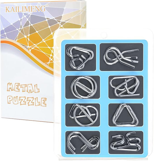 KAILIMENG Metal Puzzle Set, Brain Teaser Metal Wire Puzzles for Adults - Mind Game 3D IQ Jigsaw, Set of 8 (Blue Style)