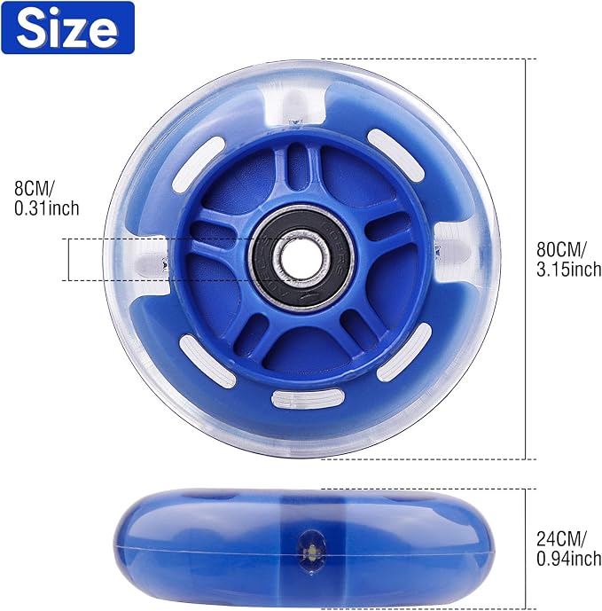 Rear 80mm Light Up White Flashing 3-Wheeled Kid Scooter Replacement Wheels Compatible with Micro Globber Lascoota Kick Scooter, 2-Pack (Blue)