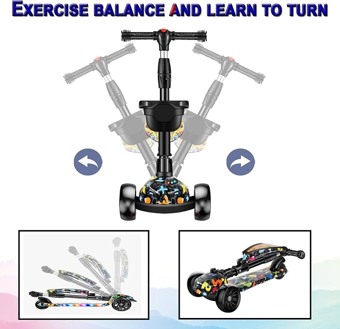2-in-1 Kick Scooter for Kids Ages 3-8, Adjustable Height Foldable Scooter Removable Seat, 3 LED Light Wheels, Outdoor Activities for Toddlers Boys Girls