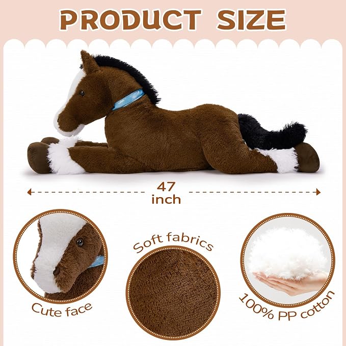 MaoGoLan Large Horse Stuffed Animal, Big Horse Plush Toy, Ridable Stuffy Pony for Girl Boy Kid, Coffee Stuffed Pony Plush Pillow for Mother's Day Birthday Gifts Baby Shower Party Decor, 47 inches