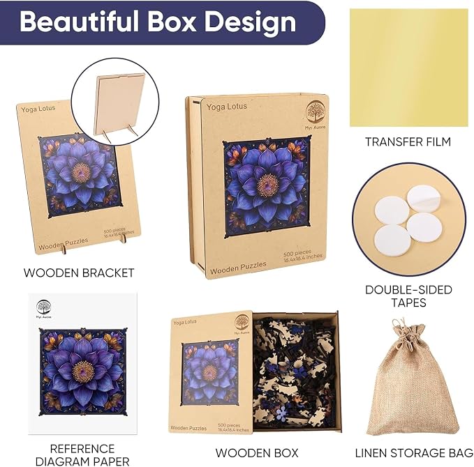 Mys Aurora Puzzles for Adults Mandala Flower Wooden Puzzles, 500 Pieces Unique Shaped Lotus Yoga Gifts Jigsaw Puzzles, for Yoga Lover, Fun Challenge Family Game 16.4'' x 16.5''
