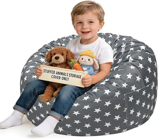 Lukeight Stuffed Animals Storage Bean Bag Chair Cover for Kids and Toddlers, Cozy Velvet Plush Toy Organizer Seat, Cover Only, No Filling Included, Long YKK Zipper, Side Pocket, Large 27 x 16 in