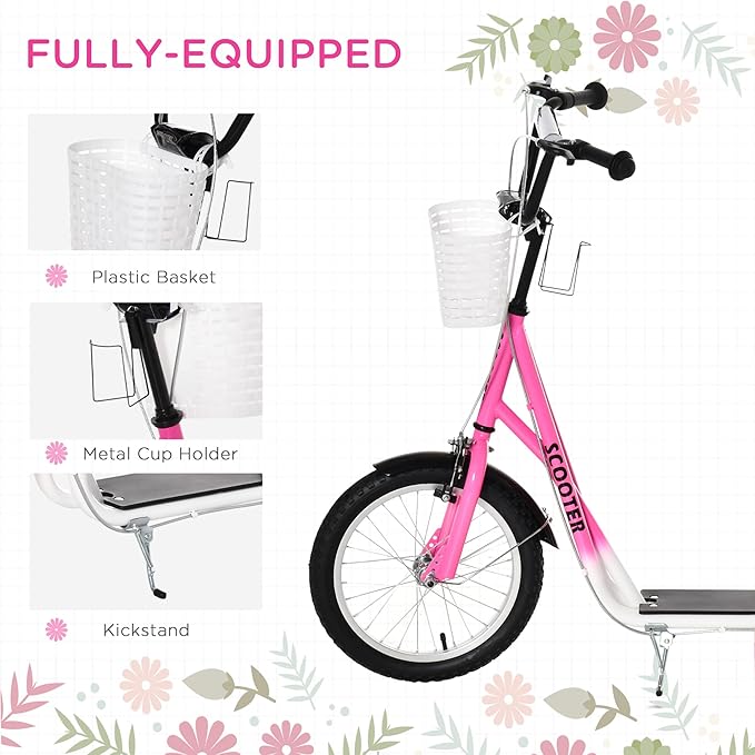 Aosom Youth Scooter, Kick Scooter with Adjustable Handlebars, Double Brakes, 16" Inflatable Rubber Tires, Basket, Cupholder